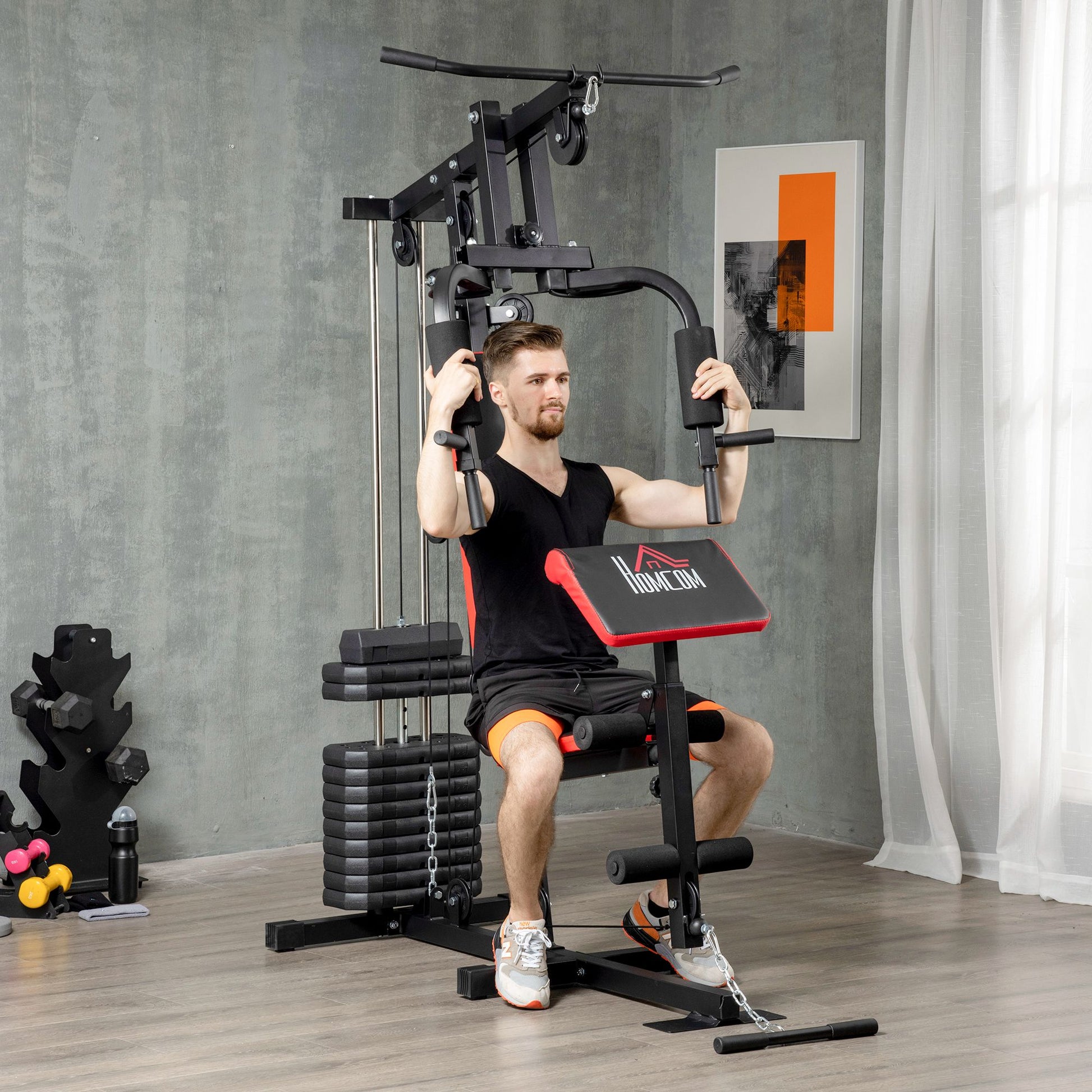 HOMCOM Full Body Strength Training Multi Gym with 66kg Weight Stack, Home Fitness Machine in Red - ALL4U RETAILER LTD