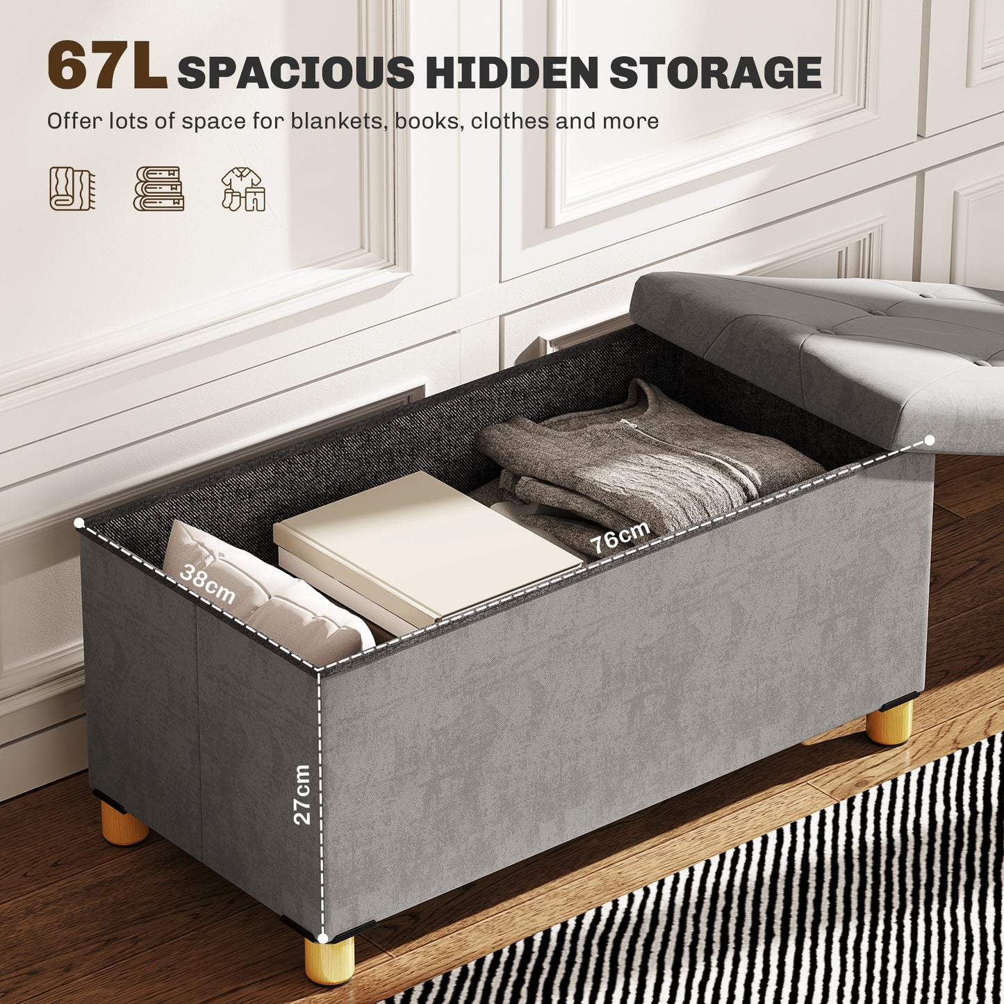 Velvet Upholstered Foldable Storage Ottoman Footrest With Wooden Legs For Living Room Grey
