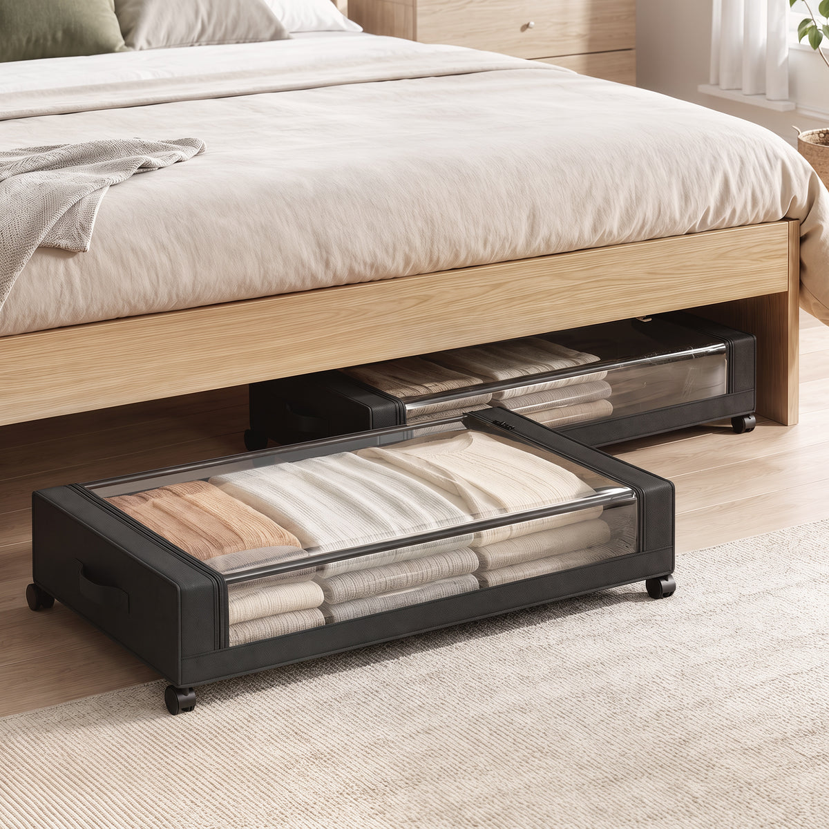 Wheeled Under Bed Storage Drawers Pack Of 2 40L Capacity With Clear Lids