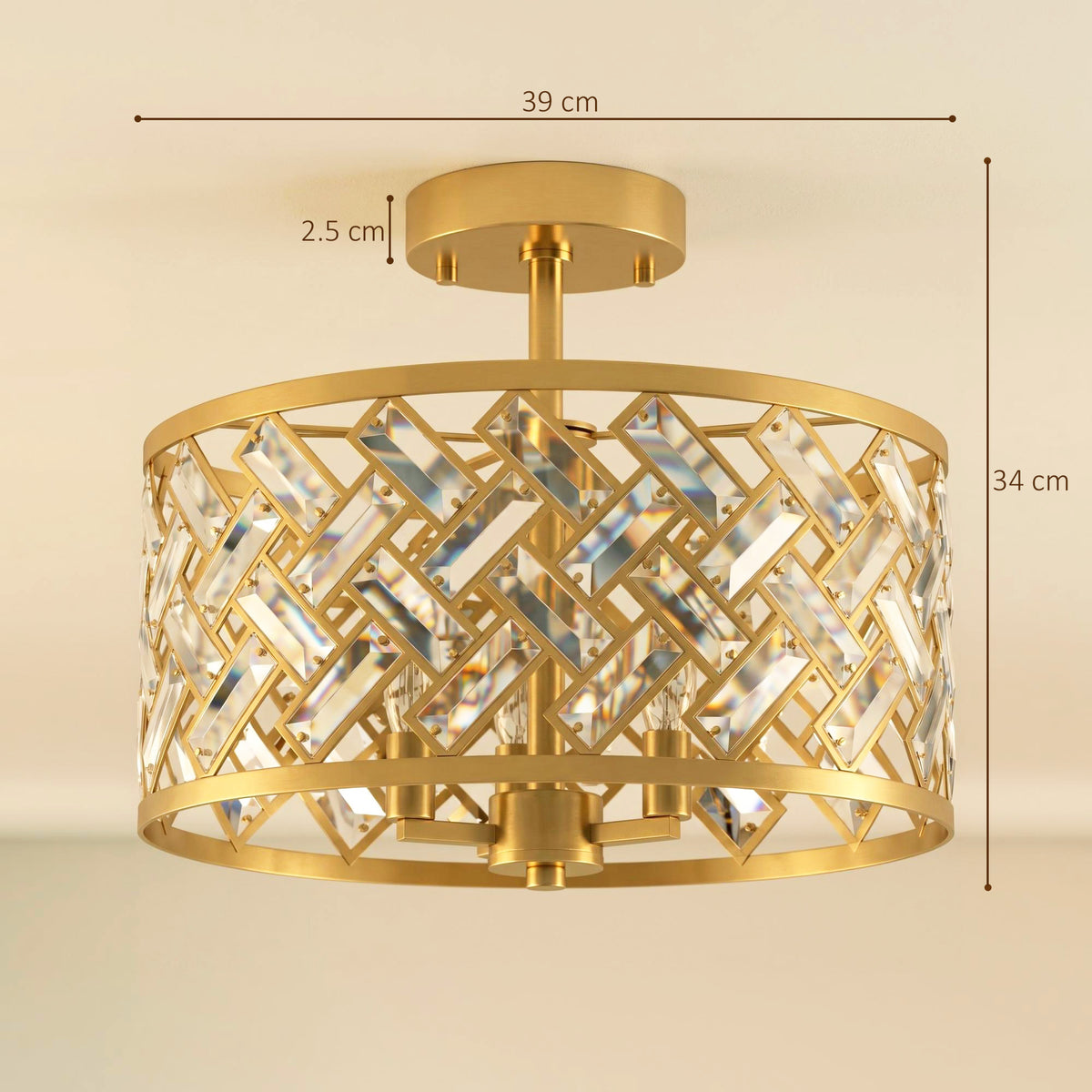 HOMCOM 3 Light Crystal Glass Ceiling Light with Gold Tone E14 Sockets