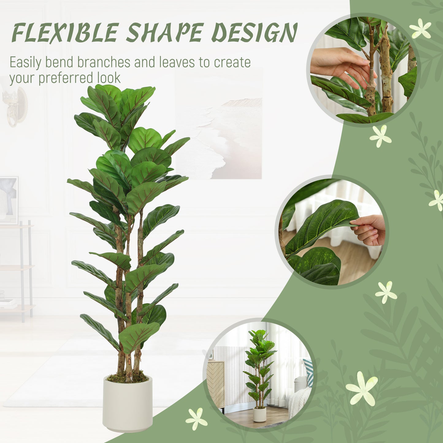 HOMCOM 120cm Artificial Fiddle Leaf Fig Tree Green Realistic Leaves Maintenance Free Indoor Plant Decor