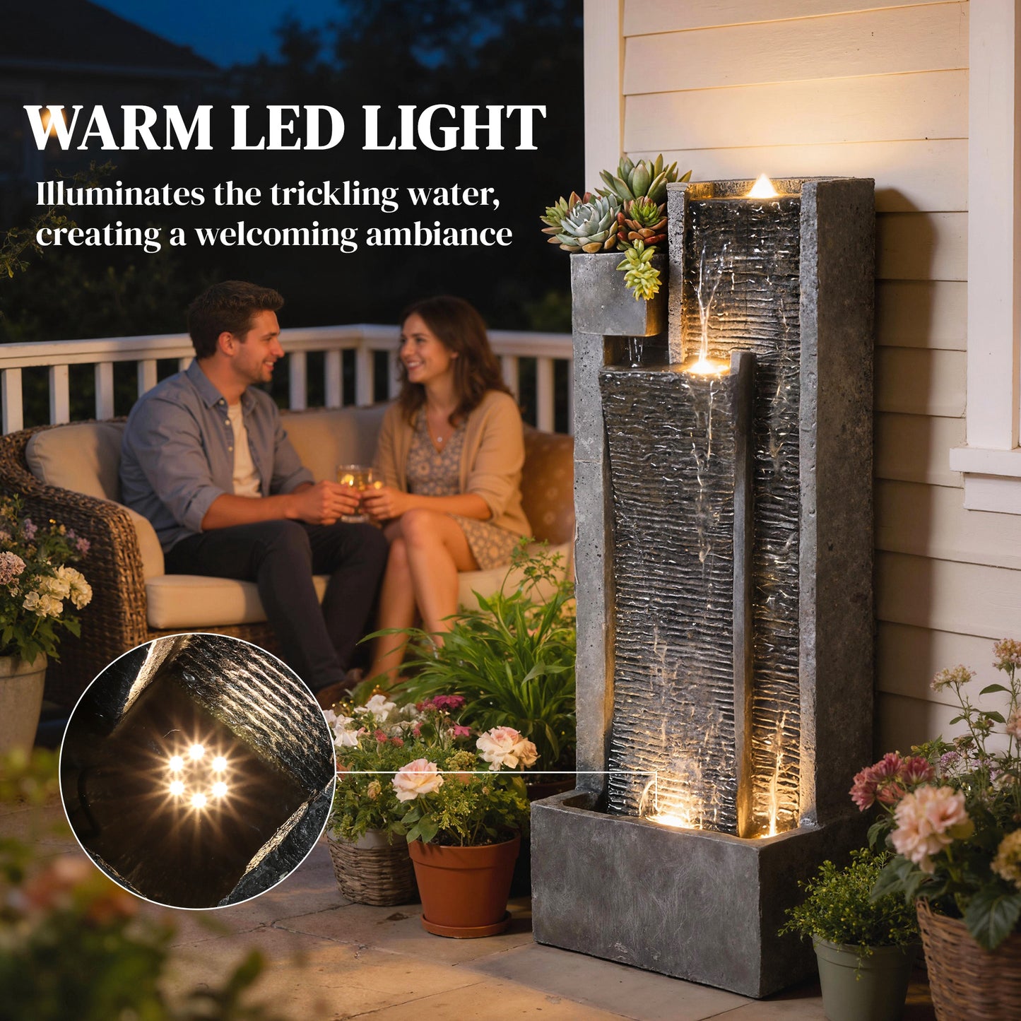 Outsunny LED Water Feature With Planter 3 Tier Garden Fountain Pump Resin Dark Grey