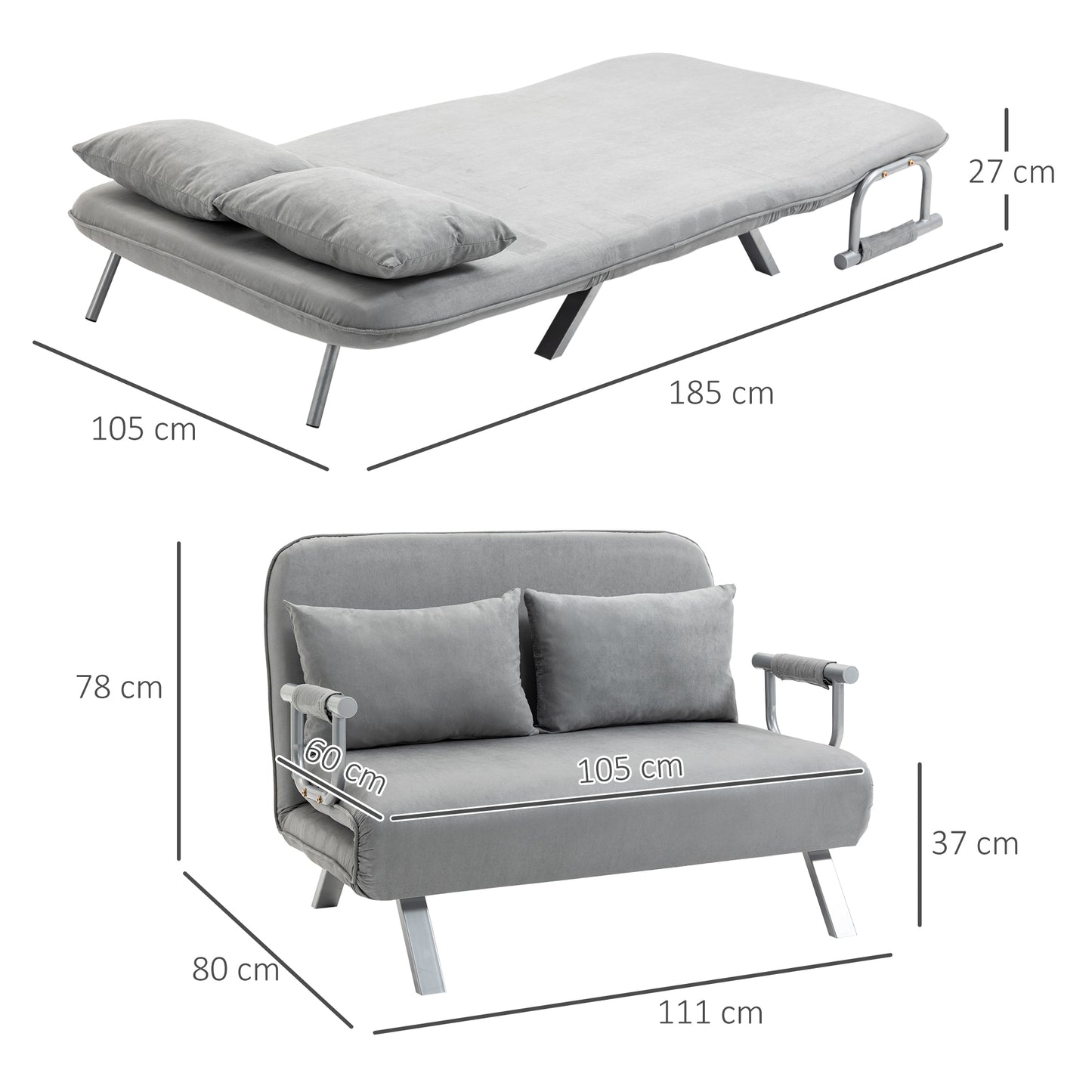 HOMCOM Light Grey Dual-Function Sofa Bed with Click-Clack Design