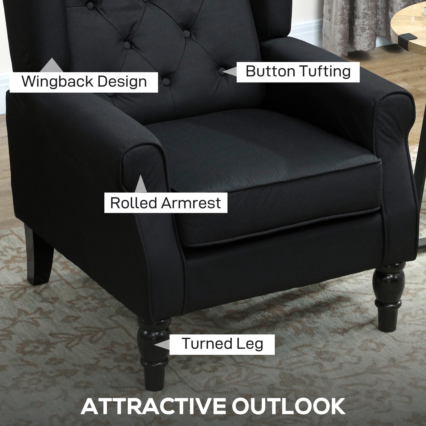 HOMCOM Retro Accent Chair Linen Wingback Armchair With Wood Frame Button Tufted Back For Living Room Bedroom Black