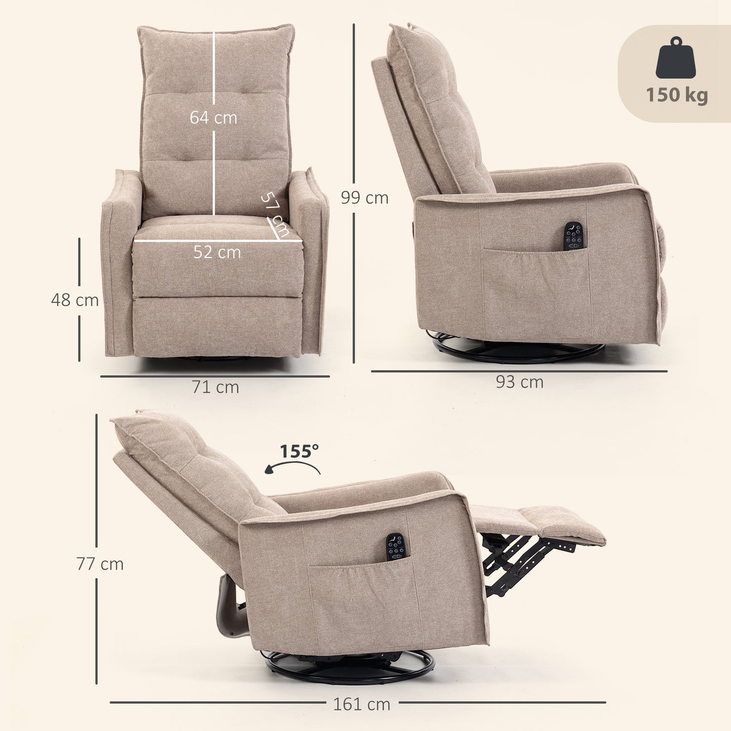 HOMCOM Chenille Recliner Armchair With Massage And Heat 360 Degree Swivel Manual Rocking Chair Brown
