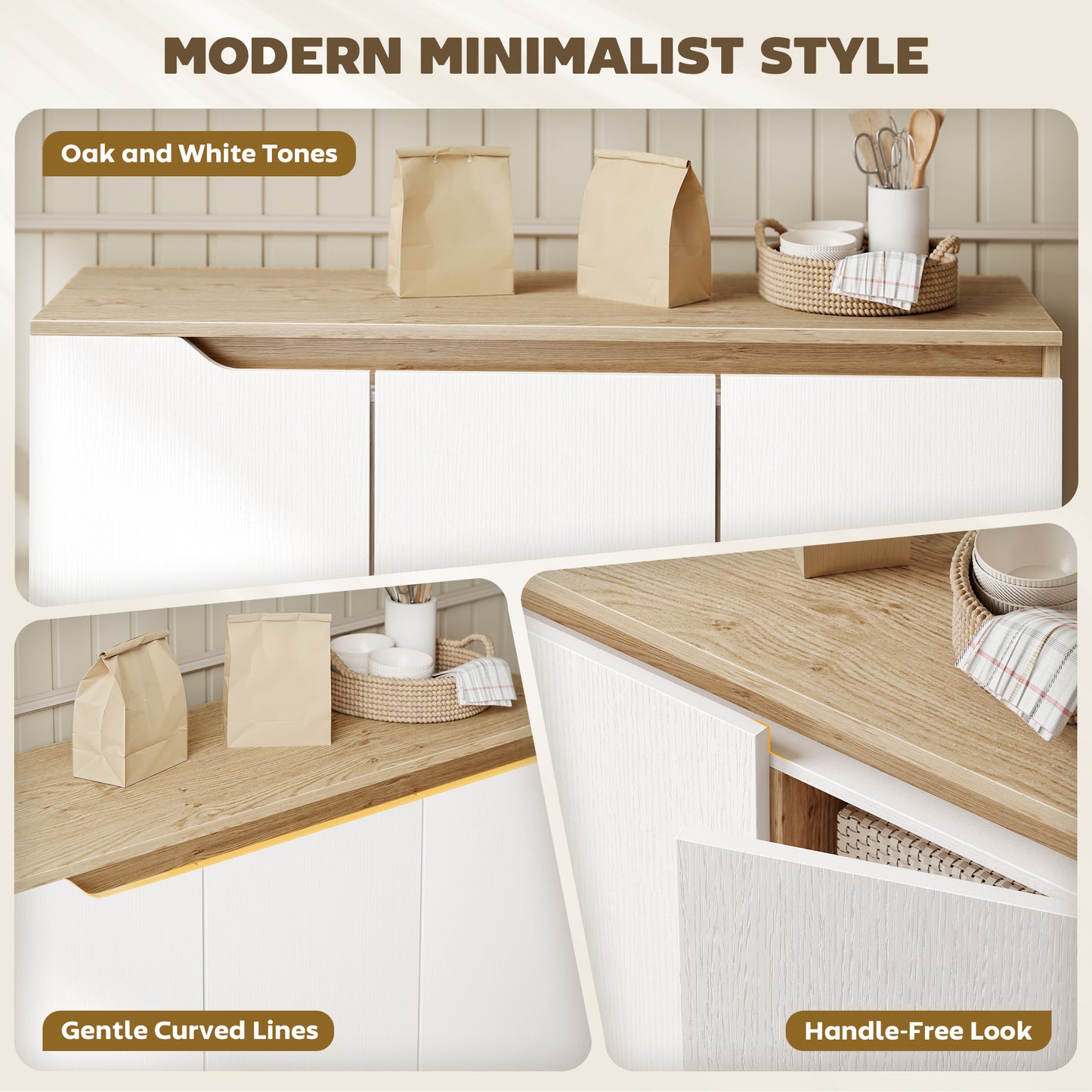 HOMCOM Sideboard Storage Cabinet Kitchen Cupboard With Three Doors And Two Adjustable Shelves White And Oak Finish