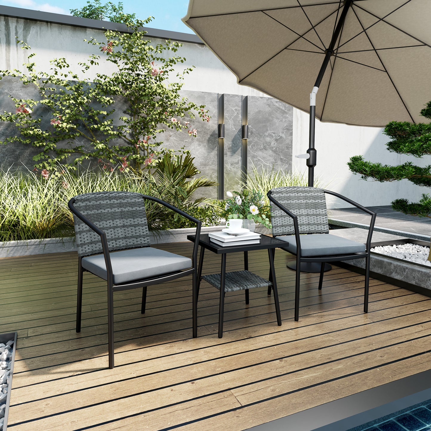 Outsunny 3 Piece Rattan Bistro Set With Cushions Glass Top Coffee Table And Chairs For Outdoor Patio Terrace Grey