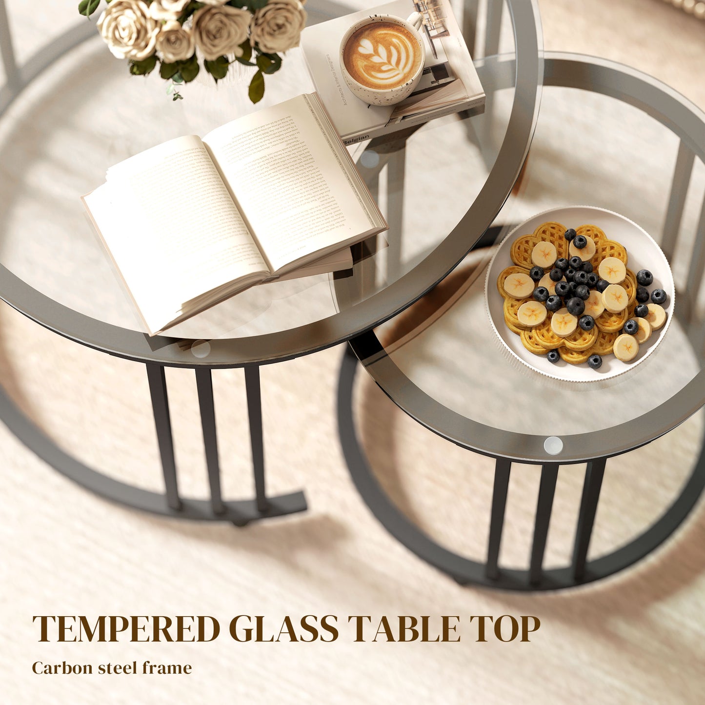 HOMCOM Round Coffee Tables Set of 2 Nesting Tables With Tempered Glass Tops And Steel Frame In Black