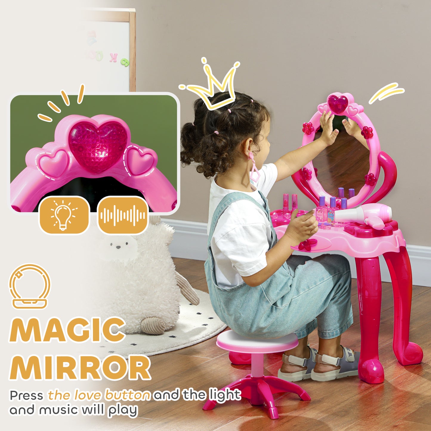 AIYAPLAY Pink Kids Vanity Set with Interactive Mirror, Music, and Accessories for Ages 3-6