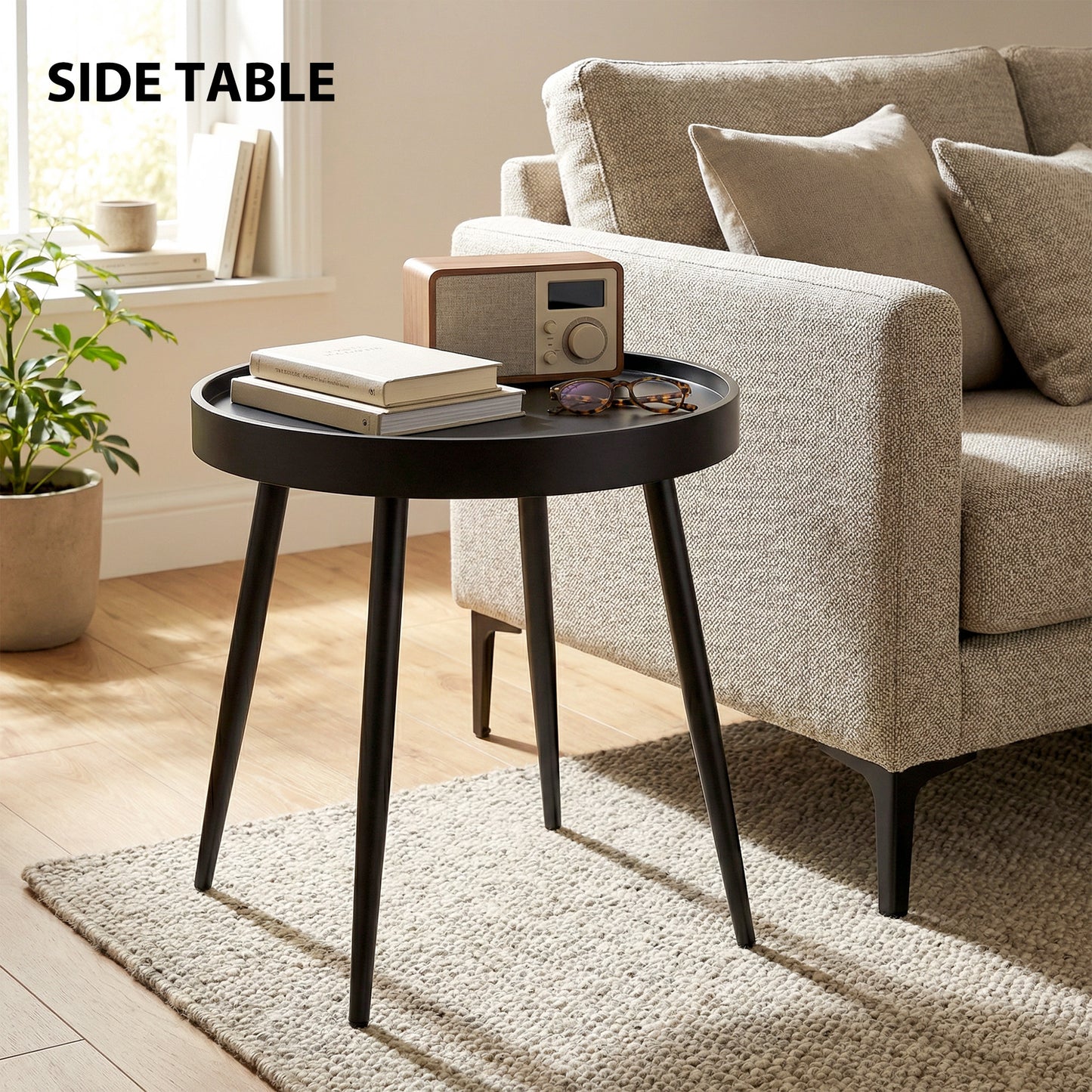 Outsunny 49.5 Cm Round Garden Table Outdoor Side Table With Plastic Tray Top And Metal Legs Black