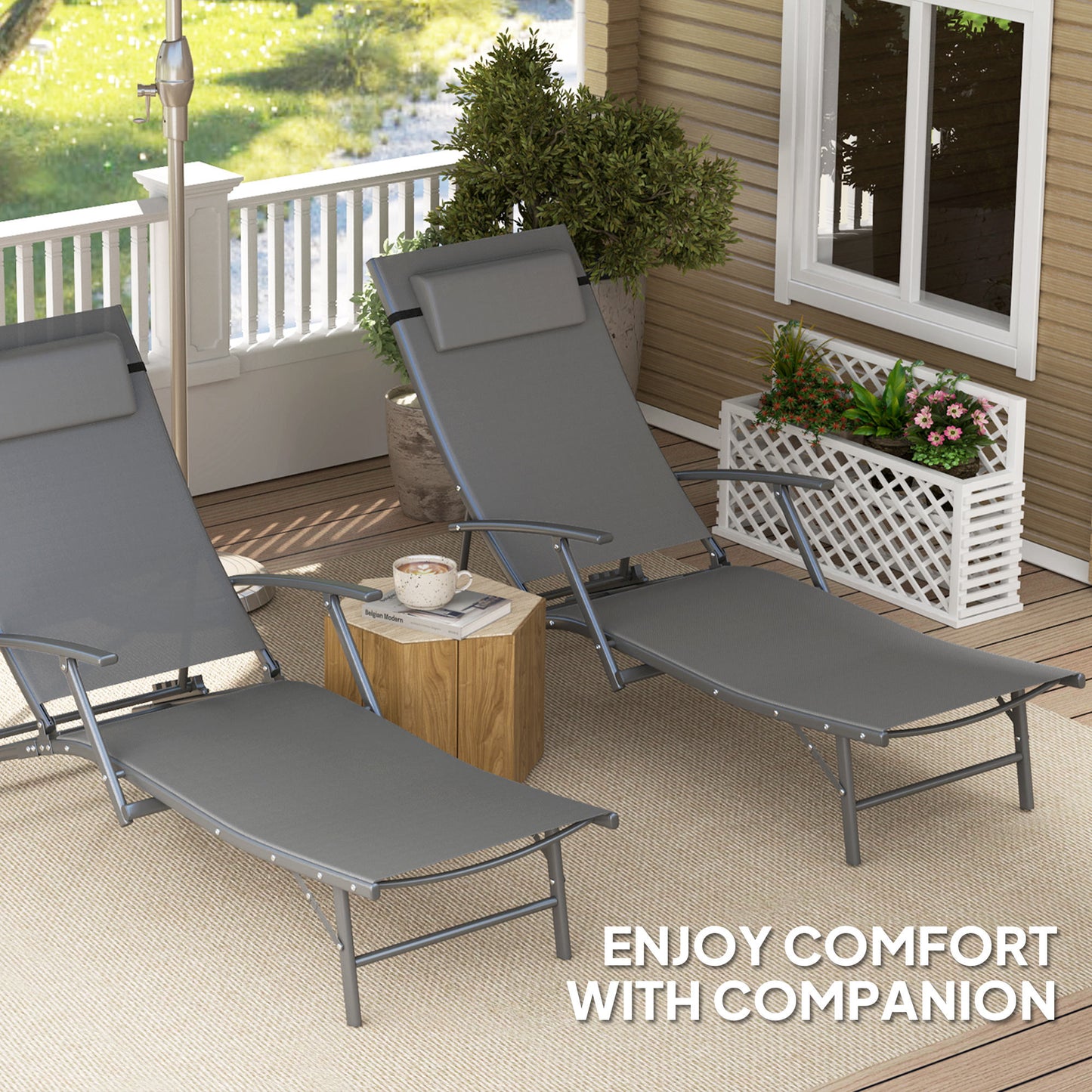 Outsunny Set of Two Adjustable Back Sun Loungers in Grey with Quick Dry Mesh and Head Pillows