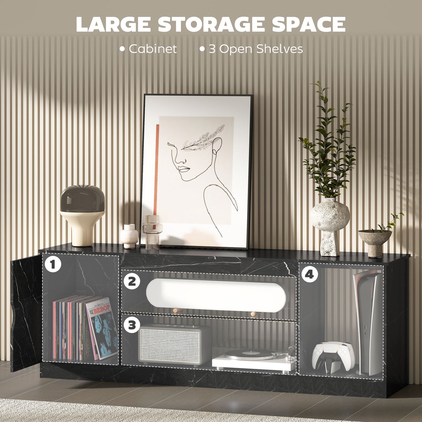 HOMCOM TV Stand Cabinet Black Marble Effect With Glass Shelf Storage Cabinet Entertainment Unit Up To 55 Inch TVs