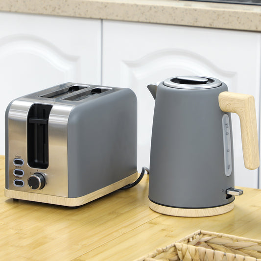 HOMCOM Kettle And Toaster Set 1.7L 3000W 2 Slice With 7 Browning Levels Defrost Reheat Auto Off Boil Dry Protection Grey
