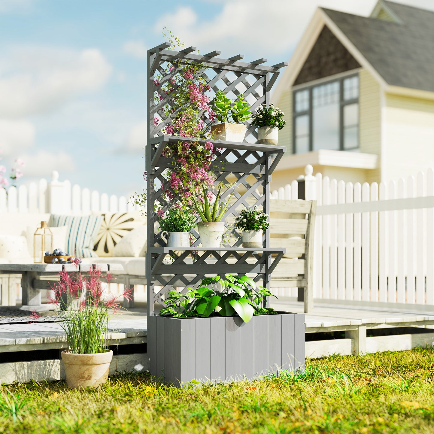 Outsunny 52L Fir Wood Planter With Trellis And Shelves Grey For Outdoor Use All Year