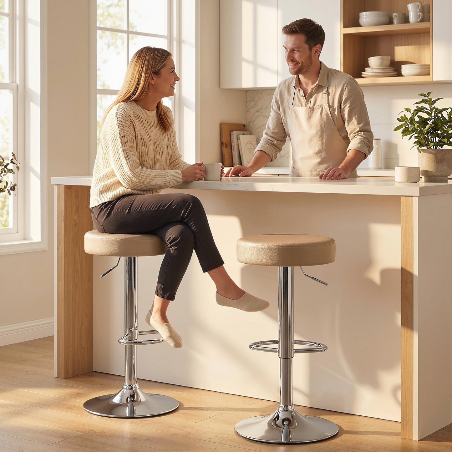 HOMCOM Bar Stools Set Of 2 Modern PU Leather Swivel Height Adjustable Breakfast Bar Chairs With Footrest Brown
