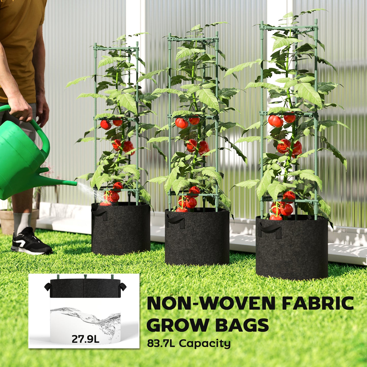Outsunny 3 Pack Tomato Cages With 83.7L Grow Bags 120cm Adjustable Triangle Plant Stakes Trellis And Planter Bags