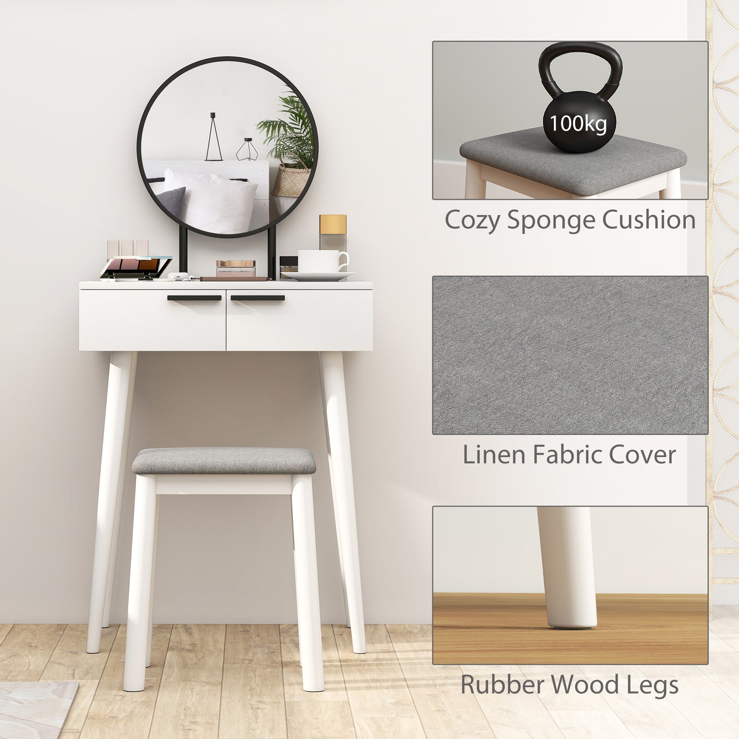 HOMCOM Modern Dressing Table With Round Mirror And Stool, Makeup Vanity With 2 Drawers In White, 60 x 40 x 123 Cm