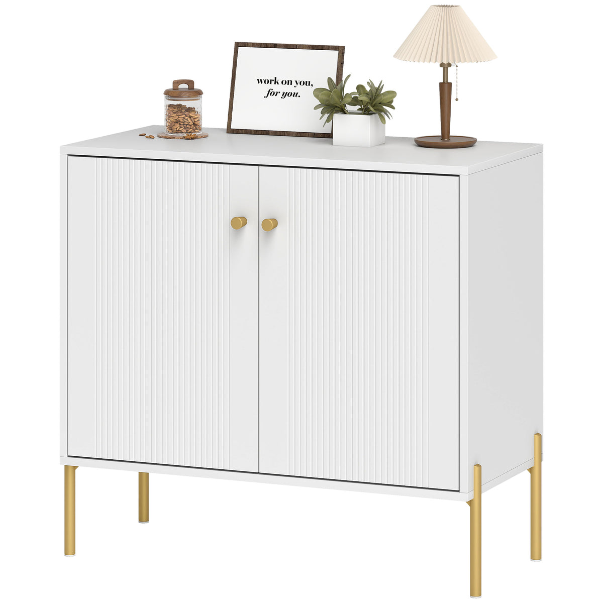 White sideboard with fluted door panels, gold legs, and brass-tone knob pulls