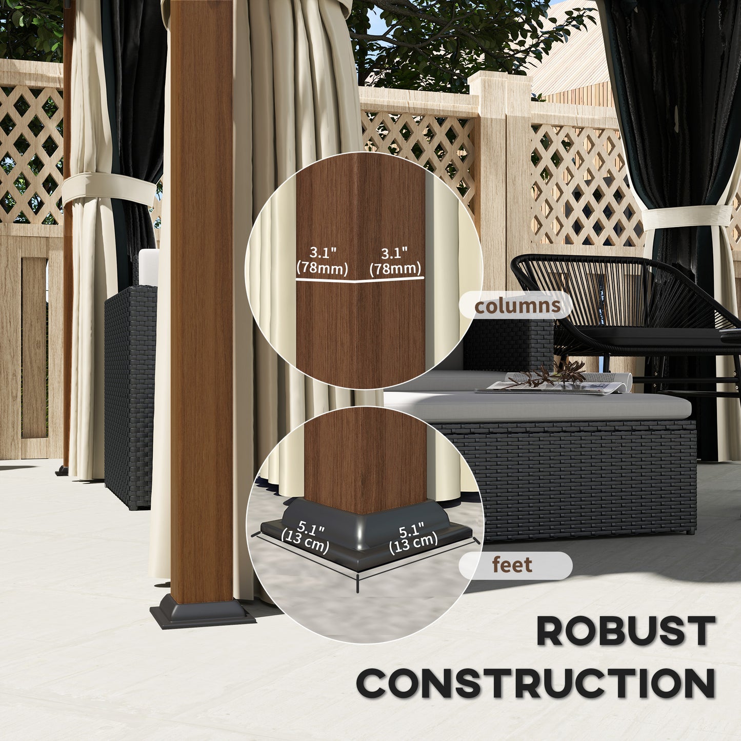 Outsunny 3x3m Hardtop Gazebo With Galvanised Roof Water Gutter Netting And Curtains For Patio Deck Walnut Wood Finish
