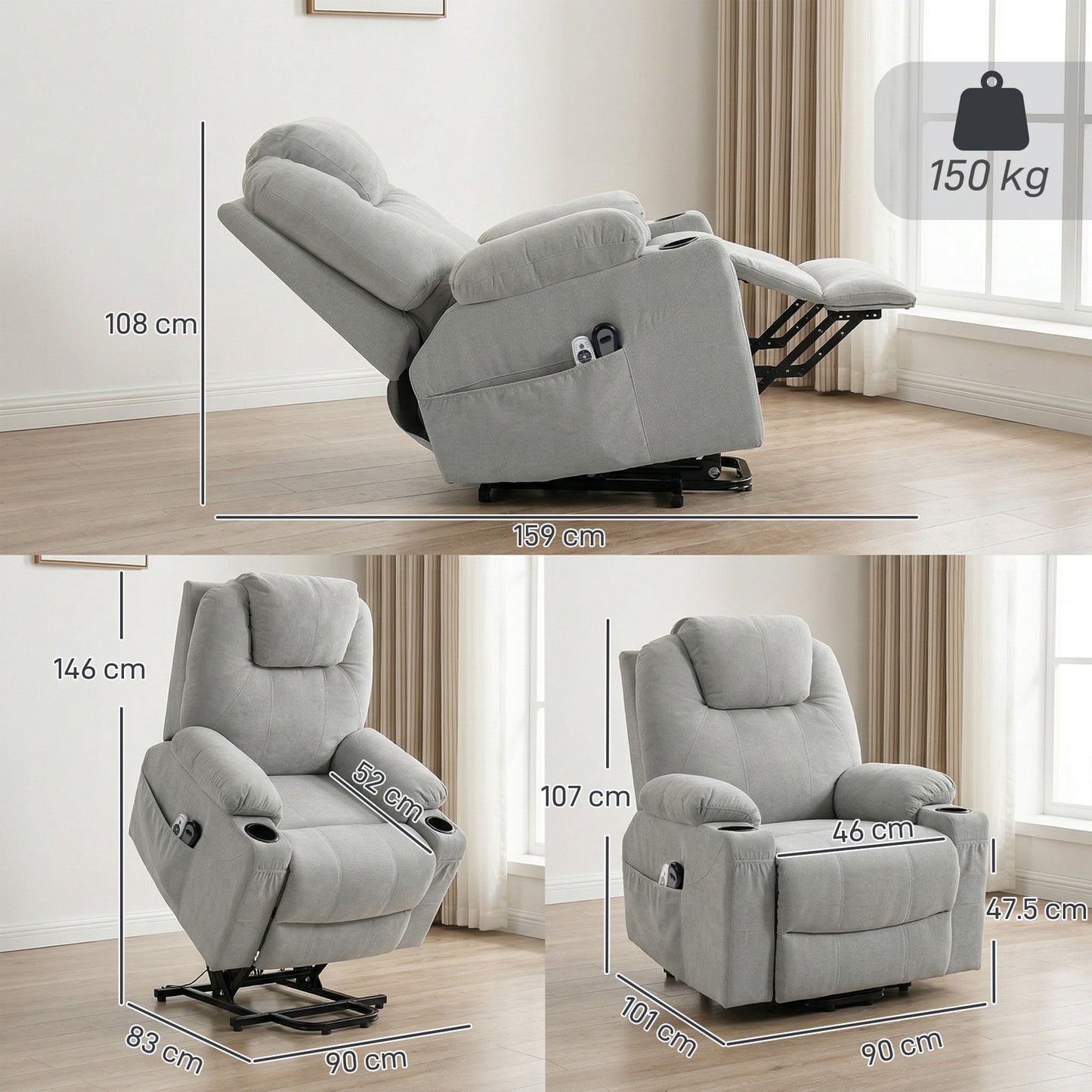 HOMCOM Electric Power Lift Recliner Chair With Pocket Spring And Massage Function Wide Backrest Light Grey