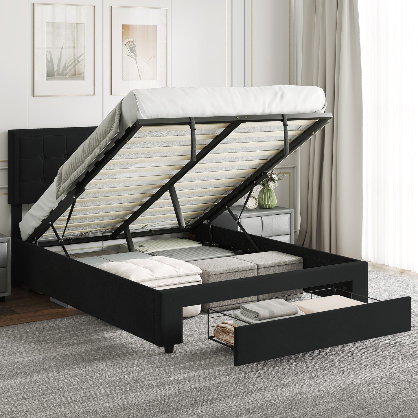 HOMCOM Double Ottoman Bed Frame With Front Storage Drawer And Gas Lift Mechanism Black