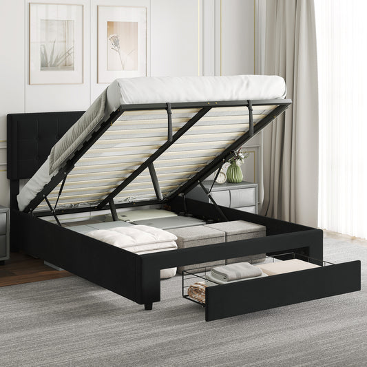 HOMCOM Double Ottoman Bed Frame With Front Storage Drawer And Gas Lift Mechanism Black