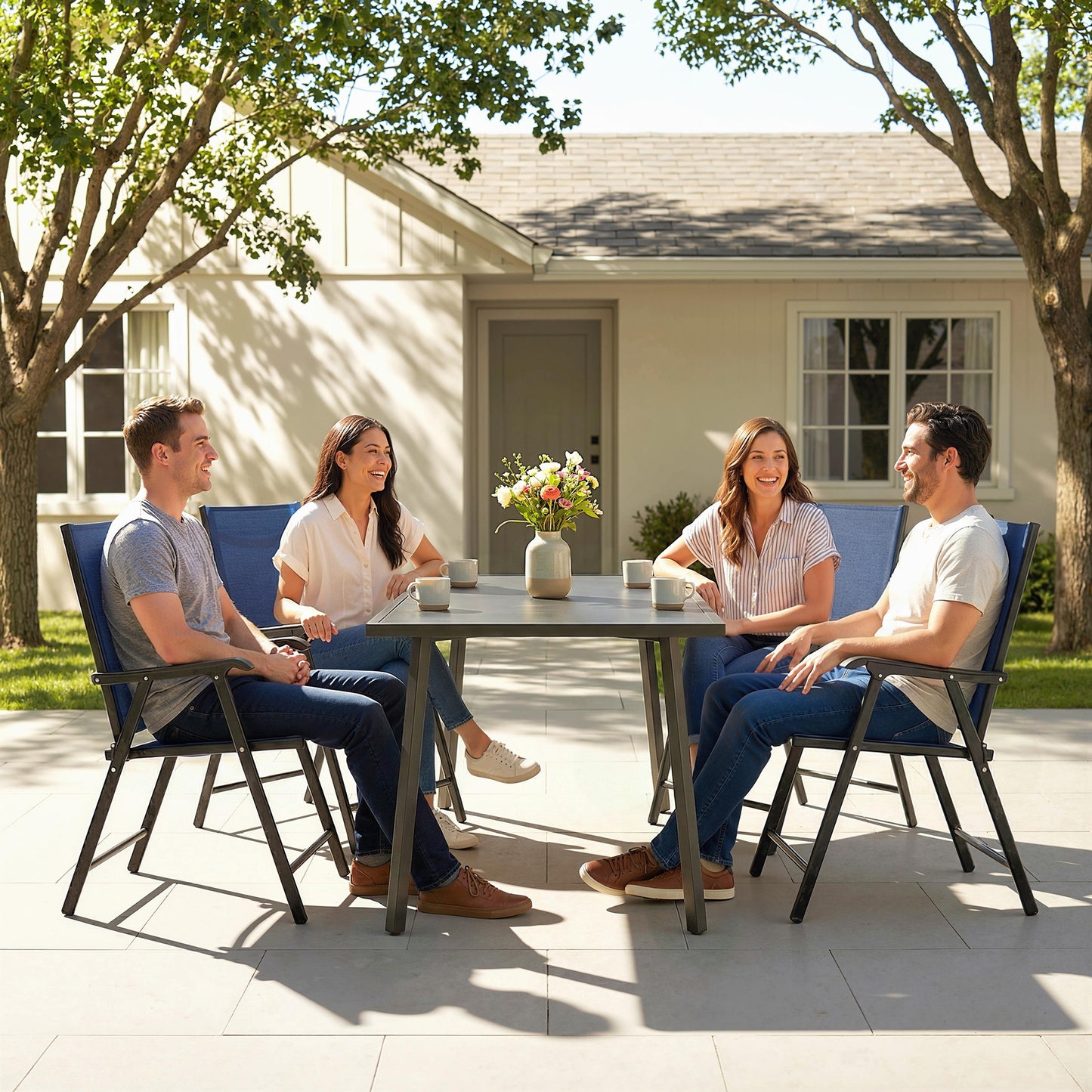 Outsunny Folding Garden Chairs Set of 4 Navy Blue High Back With Armrests Texteline Seat