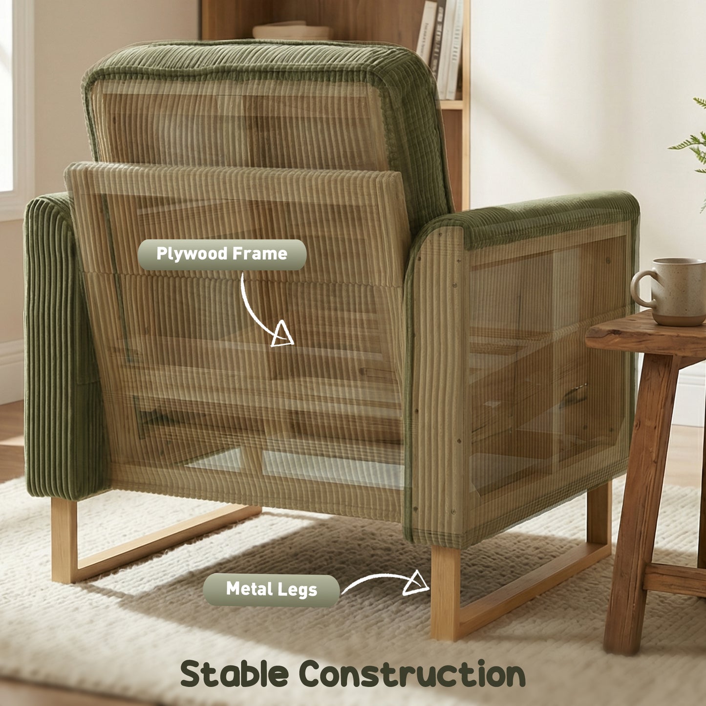 HOMCOM Accent Chair With Pocket Spring Core Modern Industrial Armchair In Dark Green Corduroy For Living Room