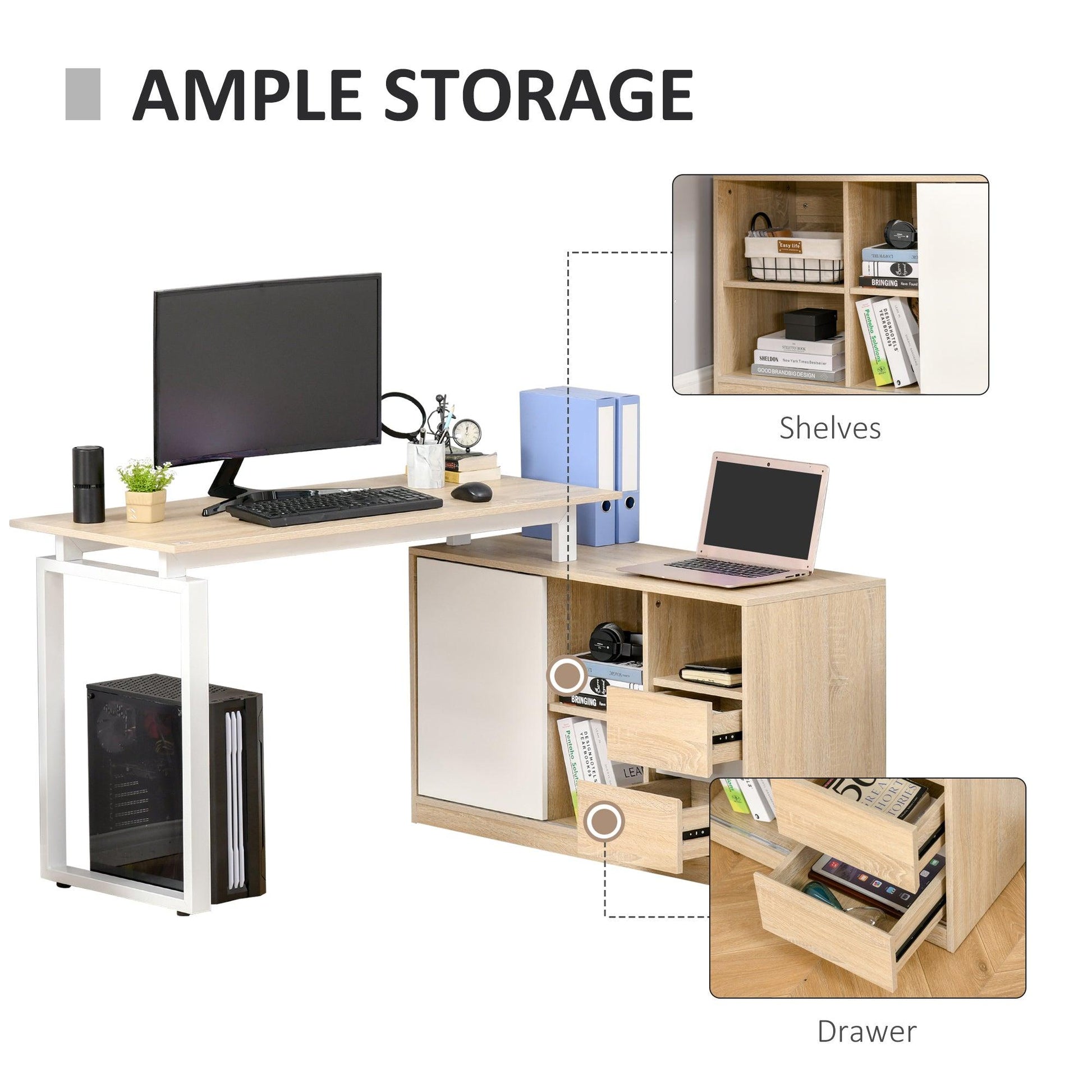 HOMCOM L-Shaped Home Office Desk with Storage Shelf and Drawer - ALL4U RETAILER LTD