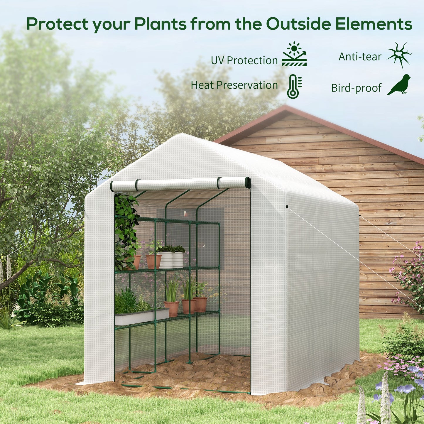 Outsunny 8x6ft Walk In Greenhouse With Shelves White Powder Coated Steel Frame For Outdoor Garden Use