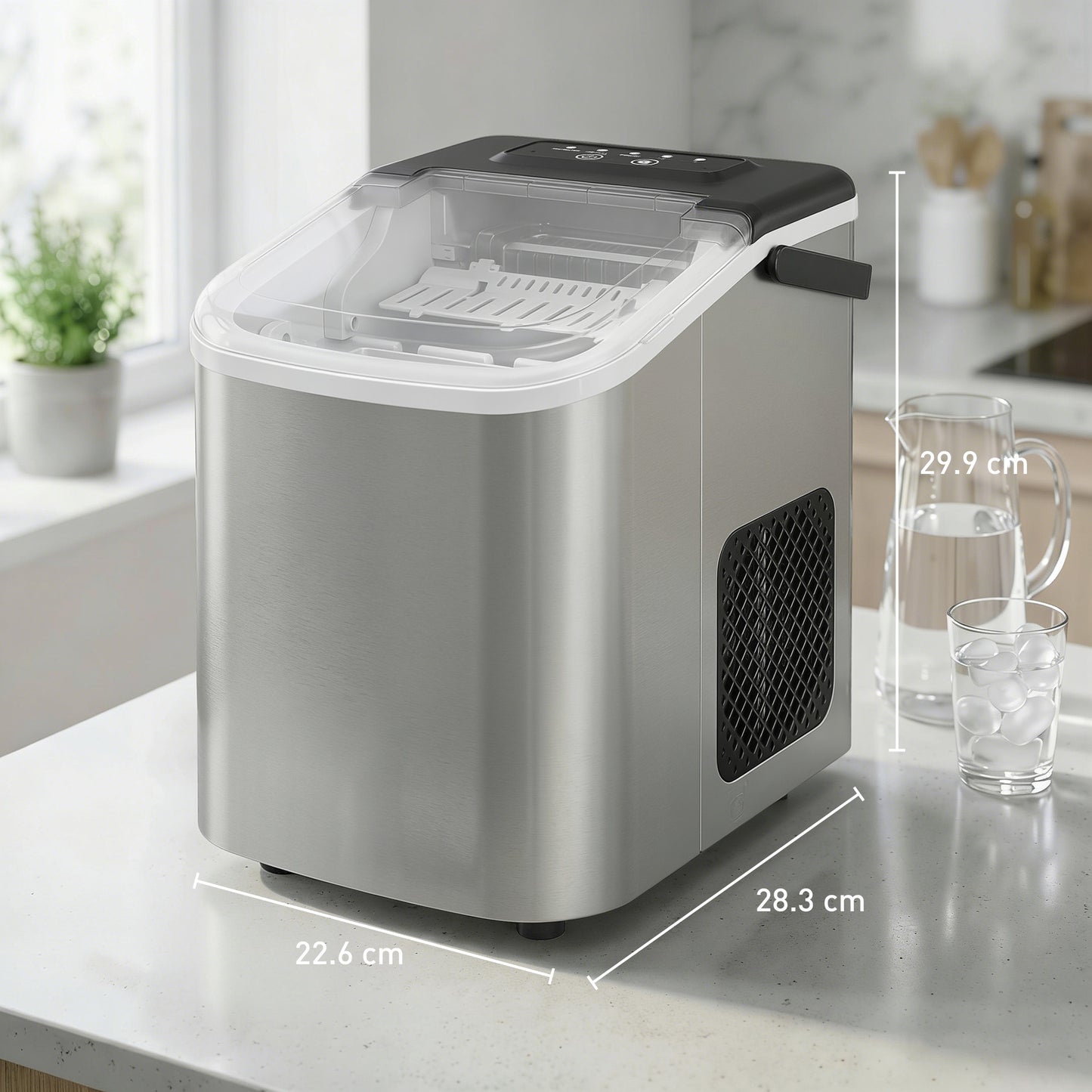 HOMCOM Ice Maker Countertop 9 Cubes in 7 Min 12 Kg per 24 Hours Self Cleaning Portable Handle Scoop Basket Two Ice Sizes