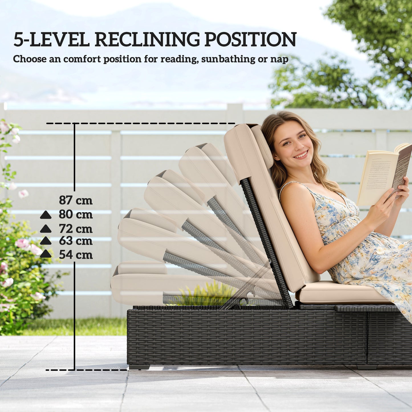 Outsunny Rattan Sun Lounger With Five Position Reclining Back Side Tray And Cushioned Seat In Black