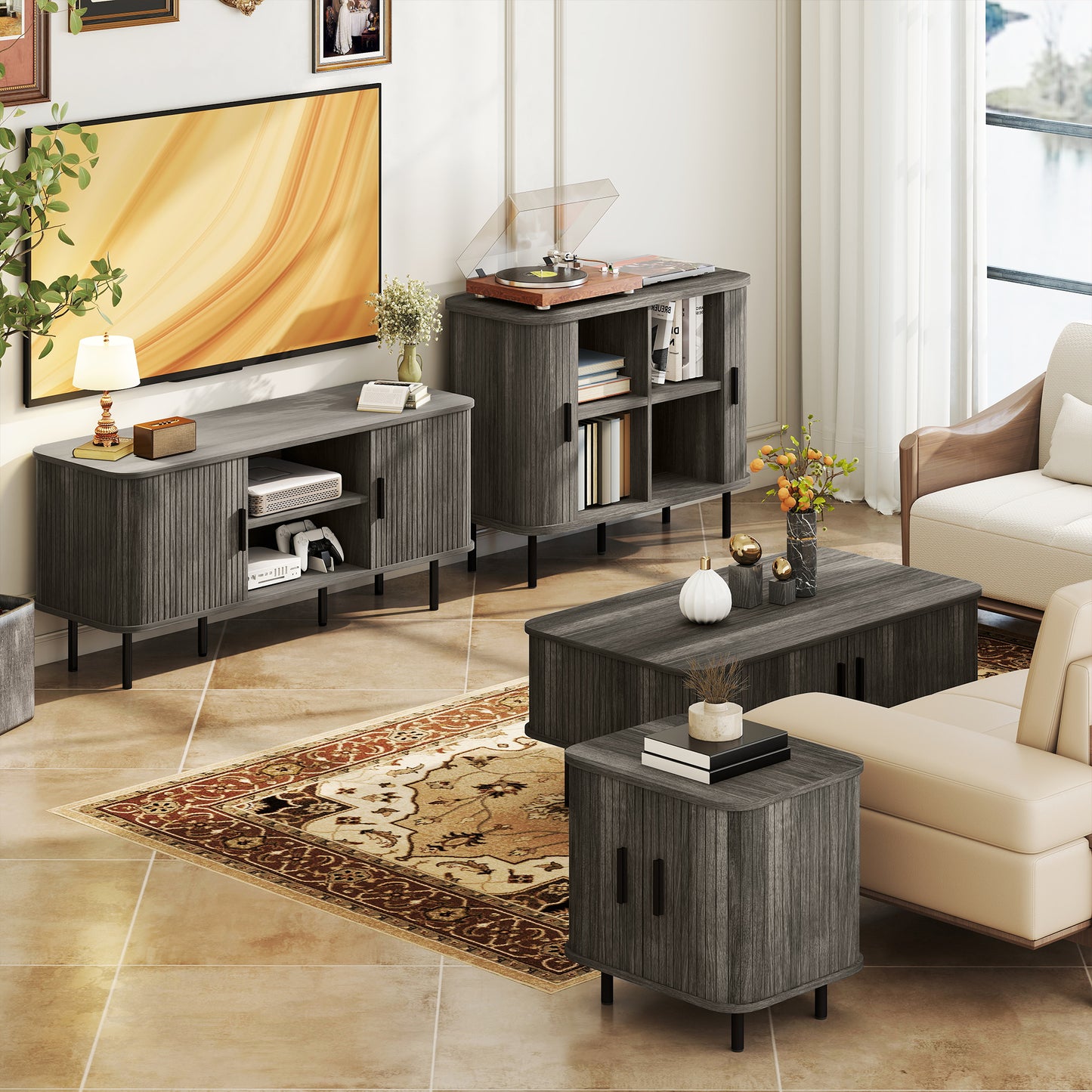 HOMCOM Coffee Table With Storage And Slatted Tambour Doors Elevated Base Grey Wood Effect Rectangular Living Room Table