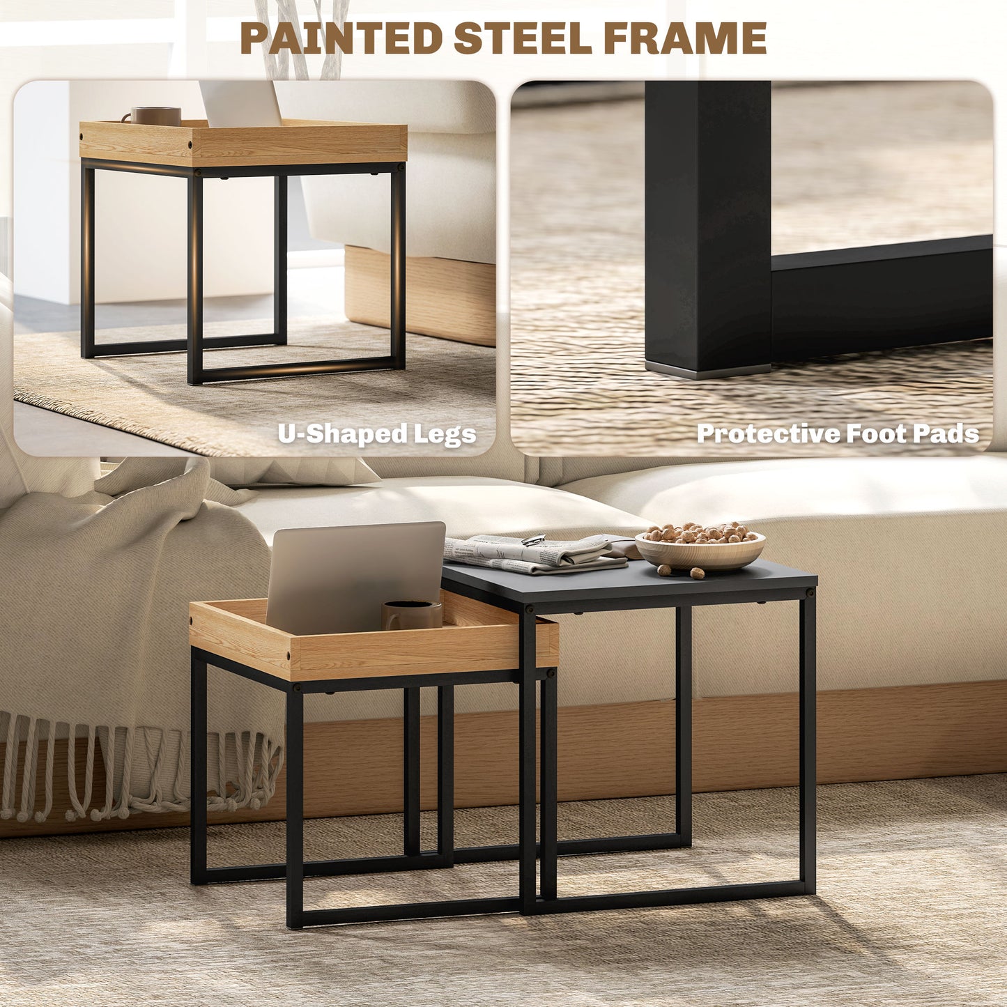 HOMCOM Set Of Two Boxy Nesting Tables Black And Wood Effect Tray Top End Tables Versatile