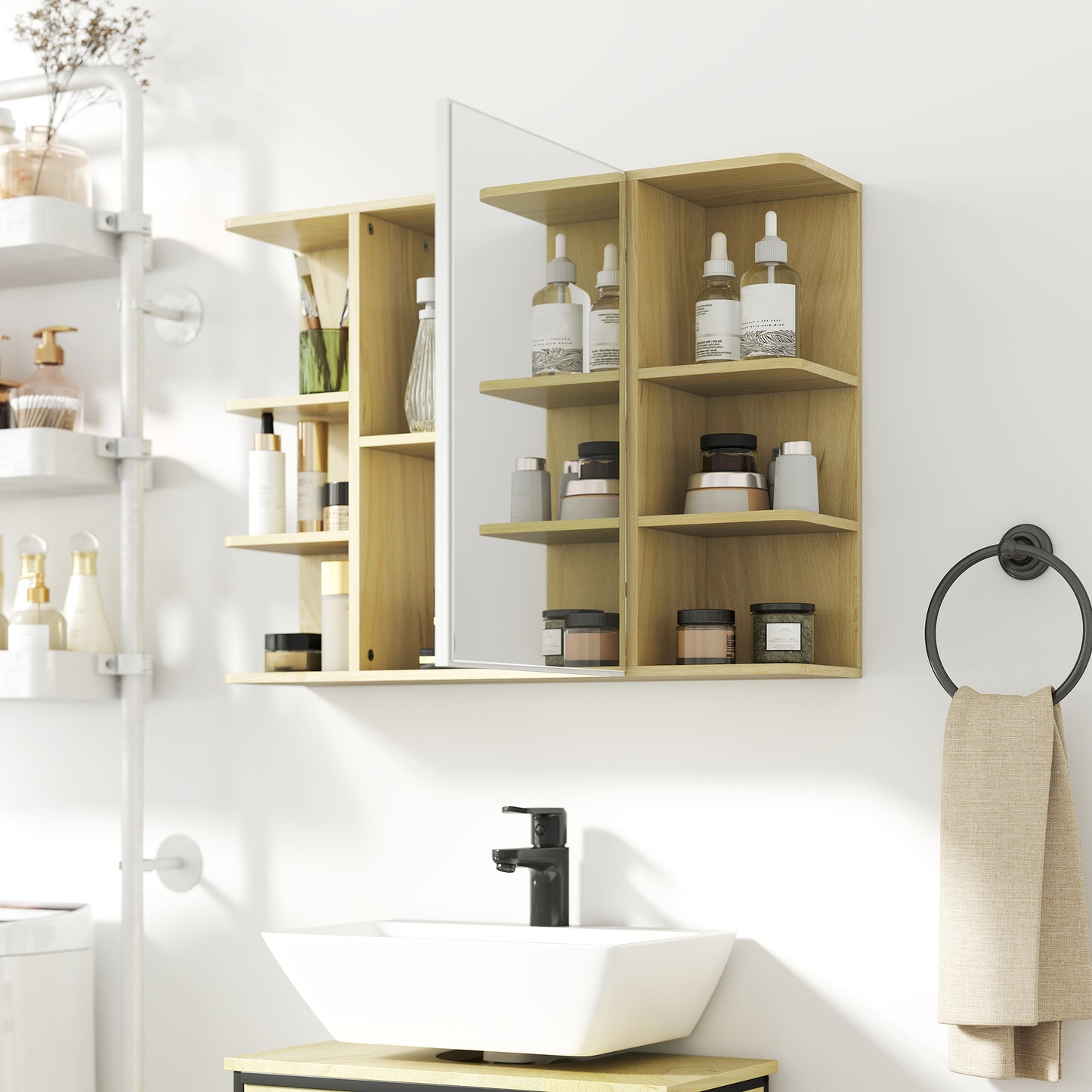 HOMCOM Bathroom Mirror Cabinet With Open Shelves And Hidden Storage In Natural Wood Finish