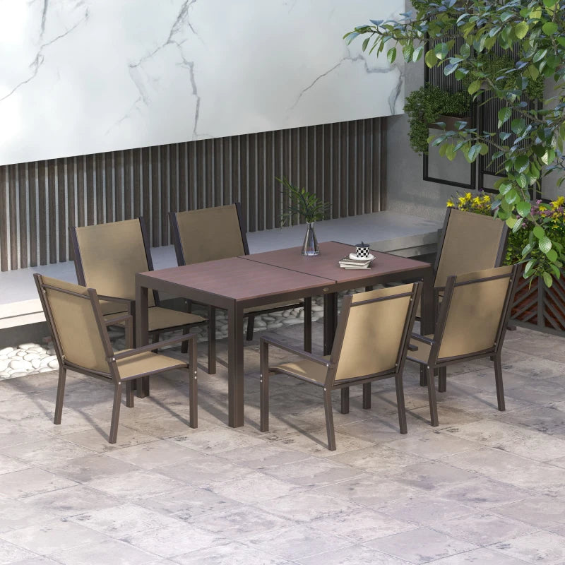 Outsunny 7-Piece Garden Dining Set - Wood-Plastic Composite Dining Table, 6 Stackable Armchairs with Breathable Mesh Fabric Seats and Backrest - Outdoor Patio Furniture in Khaki - ALL4U RETAILER LTD