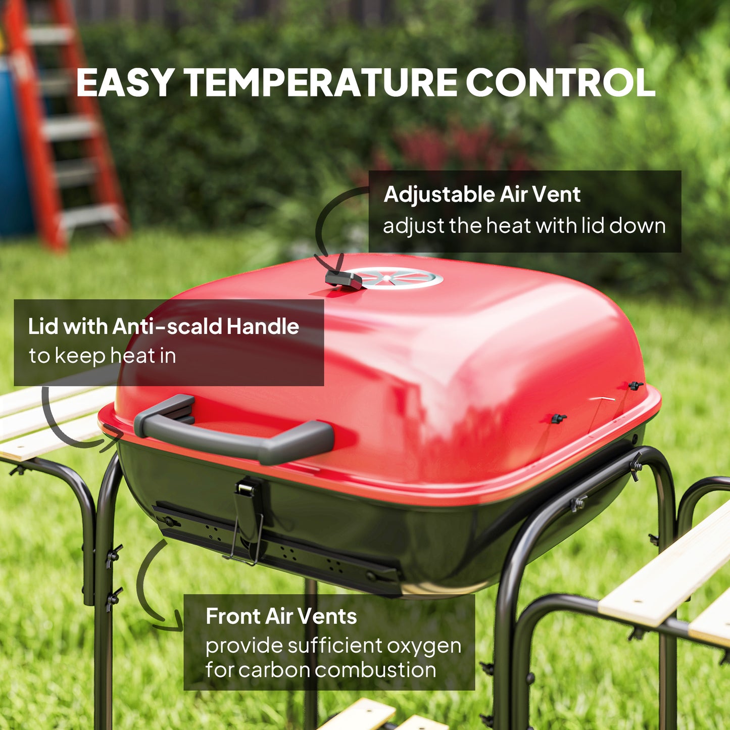 Outsunny Portable Charcoal BBQ Grill With 1840 cm2 Cooking Area Three Shelves Adjustable Vent Lockable Lid Wheels Red