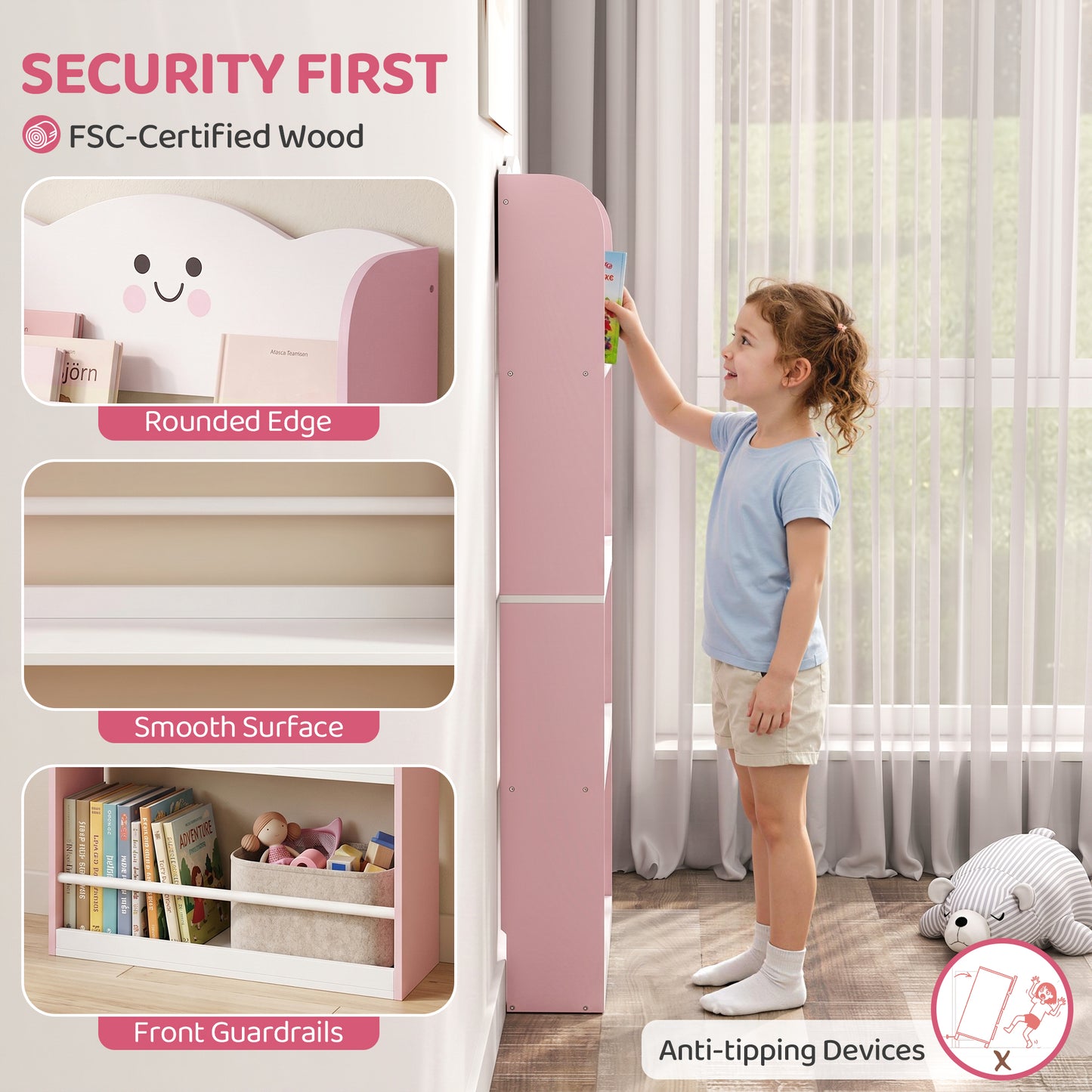 AIYAPLAY 4 Tier Kids Bookshelf Wall Mounted Pink Bookcase Toddler Playroom And Kids Room