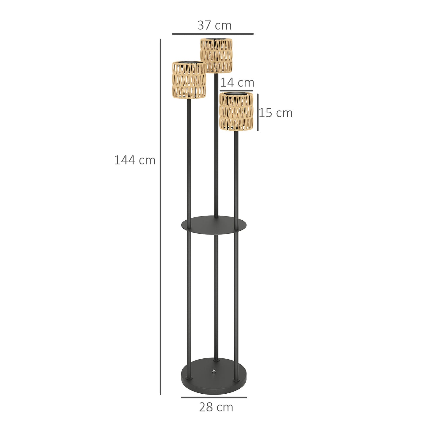 Outsunny Boho Rattan Floor Lamp With Shelf 3 Lights Solar Outdoor Garden Lamp Auto On Off IP44 Waterproof Yellow