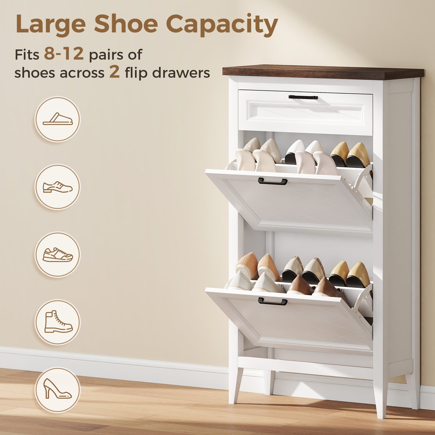 Homcom White Farmhouse Narrow Shoe Cabinet With Two Flip Drawers And Adjustable Shelves For 8 To 12 Pairs