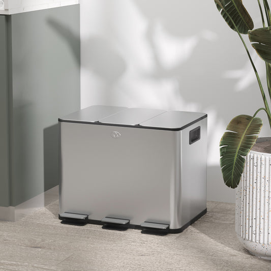 HOMCOM Triple 20L Pedal Bin Stainless Steel With Soft Close Lid And Removable Inner Buckets Silver