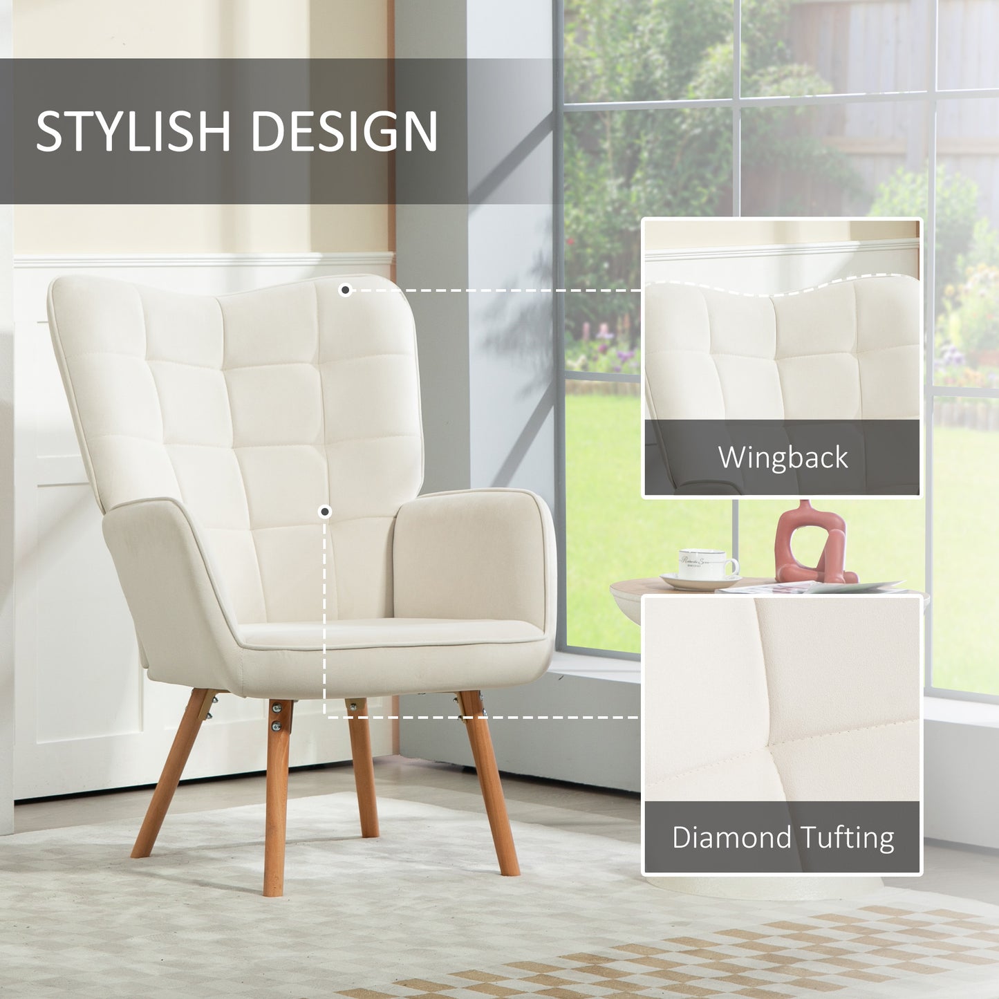 HOMCOM Modern Velvet Touch Wingback Armchairs Set of 2 Cream White Tufted Upholstered Club Chairs With Wood Legs