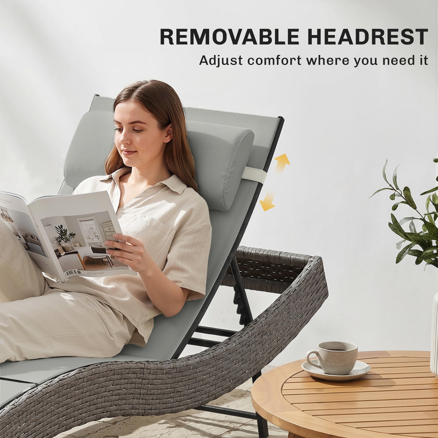 Outsunny Rattan Sun Lounger Garden Recliner With 5 Position Adjustable Back S Shaped Texteline Seat Headrest Light Grey