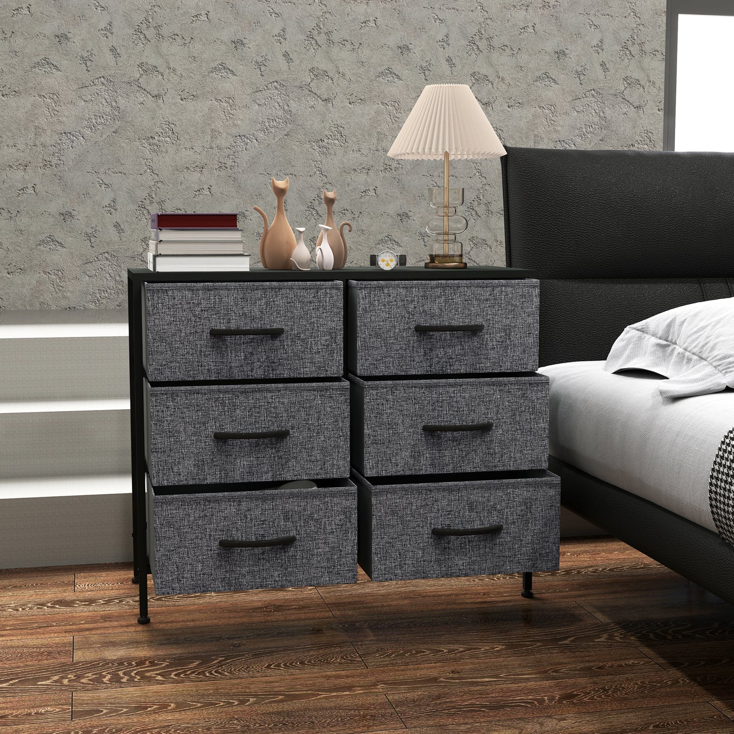 HOMCOM Fabric Chest Of Drawers With Steel Frame And Wooden Top Six Fabric Drawers Industrial Dresser Black