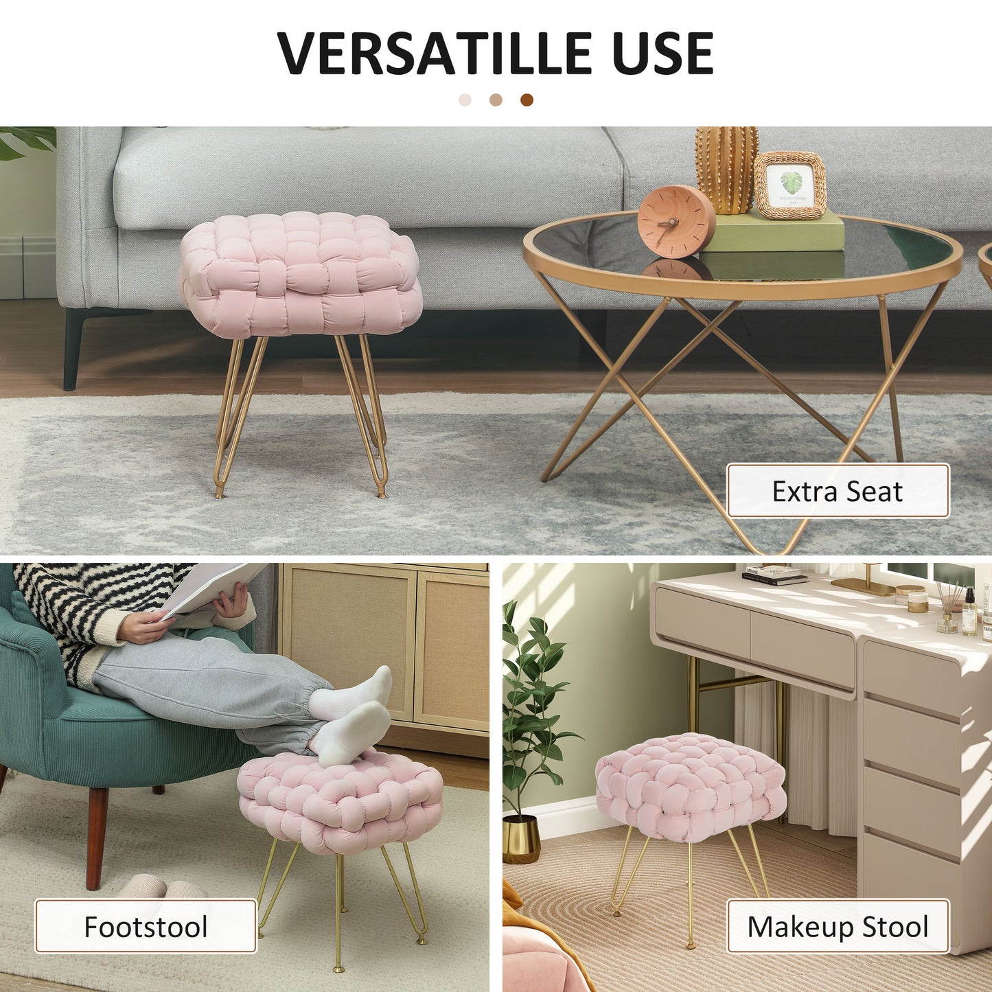 HOMCOM Velvet Feel Bold Cross Woven Footstool Pink for Living Room Bedroom Hallway and Office