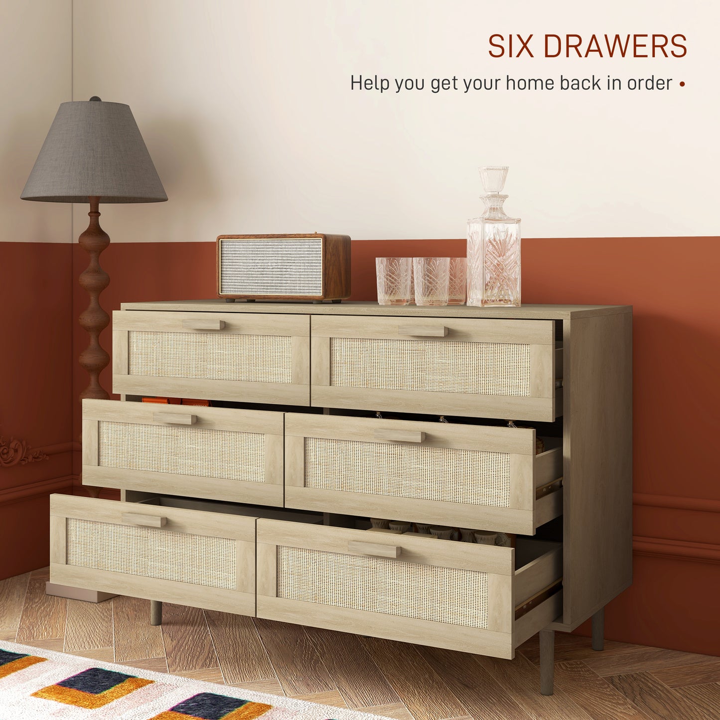 HOMCOM 6 Drawer Tall Chest Of Drawers With Rattan Element Oak Finish For Bedroom And Living Room