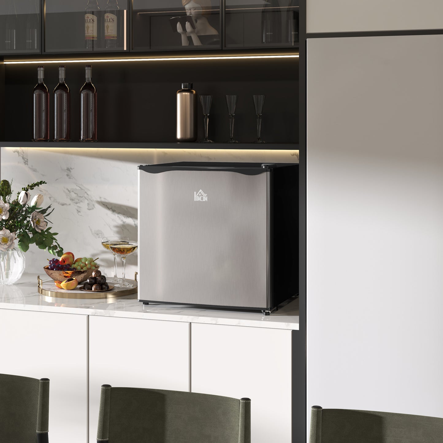 HOMCOM 46 Litre Table Top Mini Fridge with Ice Box Reversible Door Adjustable Temperature and Legs Silver Tone