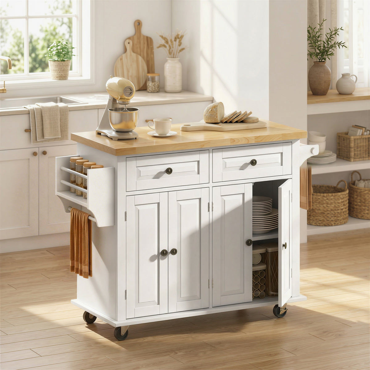 Homcom Rolling Kitchen Island Rubberwood Top Drawers Cream White Shelves