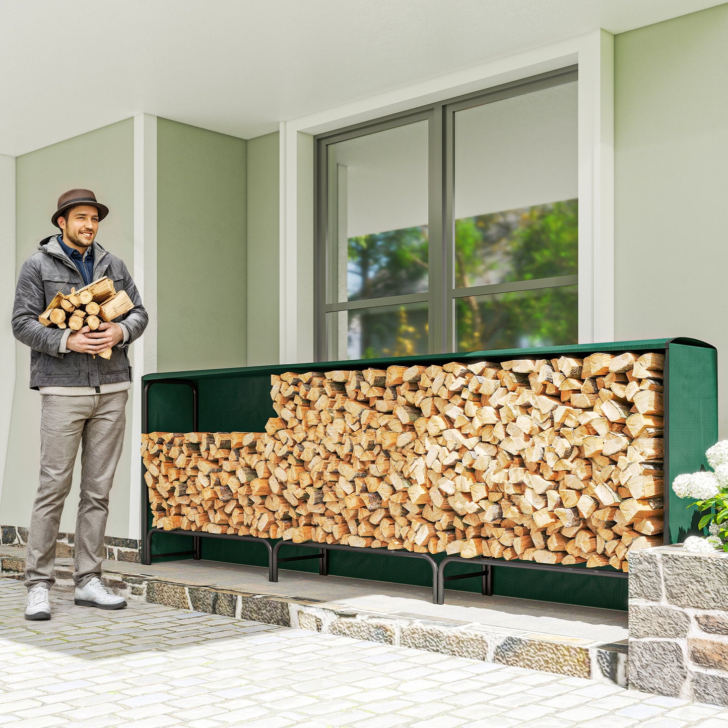 Outsunny Firewood Rack With Waterproof Cover, Heavy Duty Metal Log Storage For Outdoor Indoor Fireplace, 300x36x99 Cm