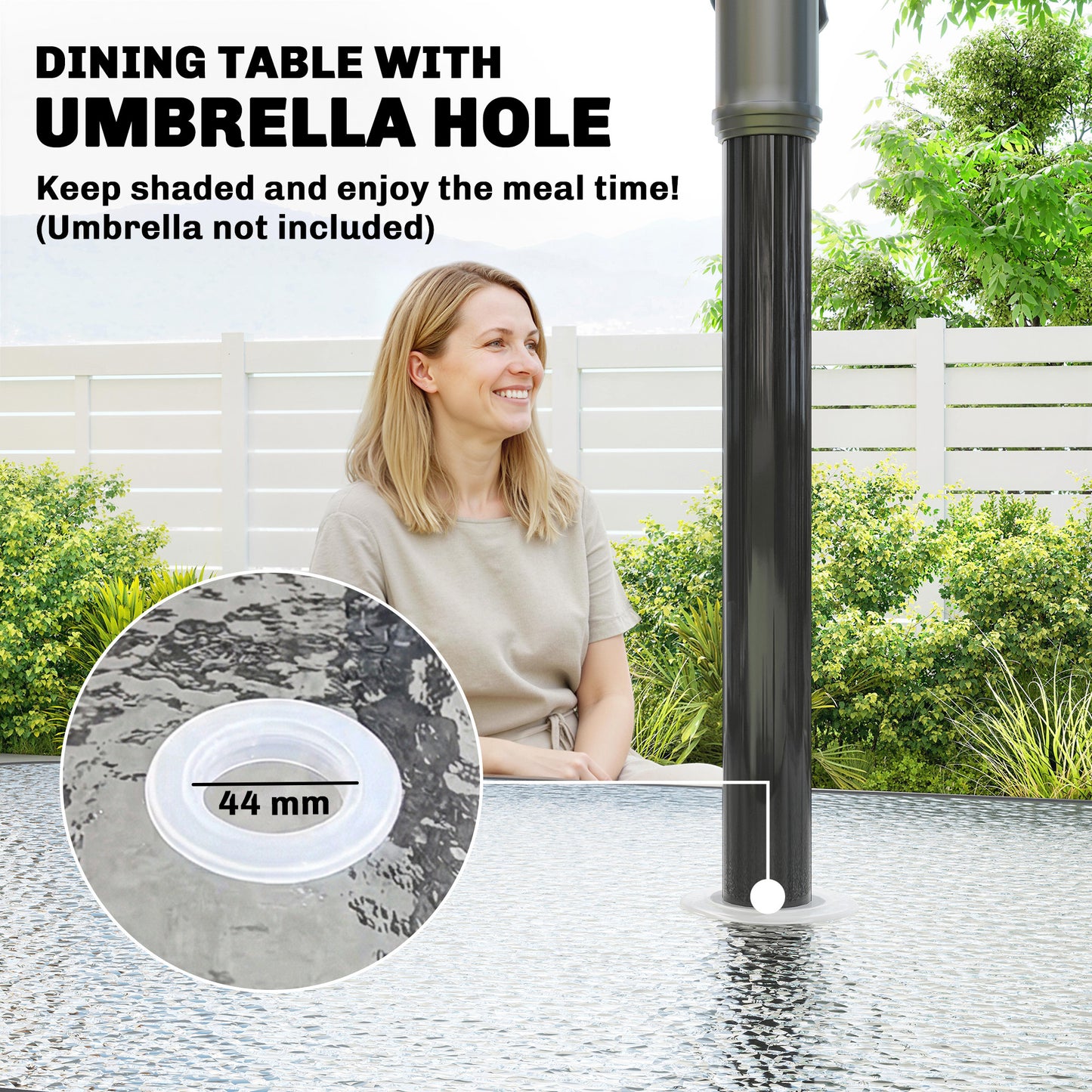 Outsunny Garden Dining Set for 4 with Umbrella Hole and Glass Top Table Stackable Chairs Light Grey